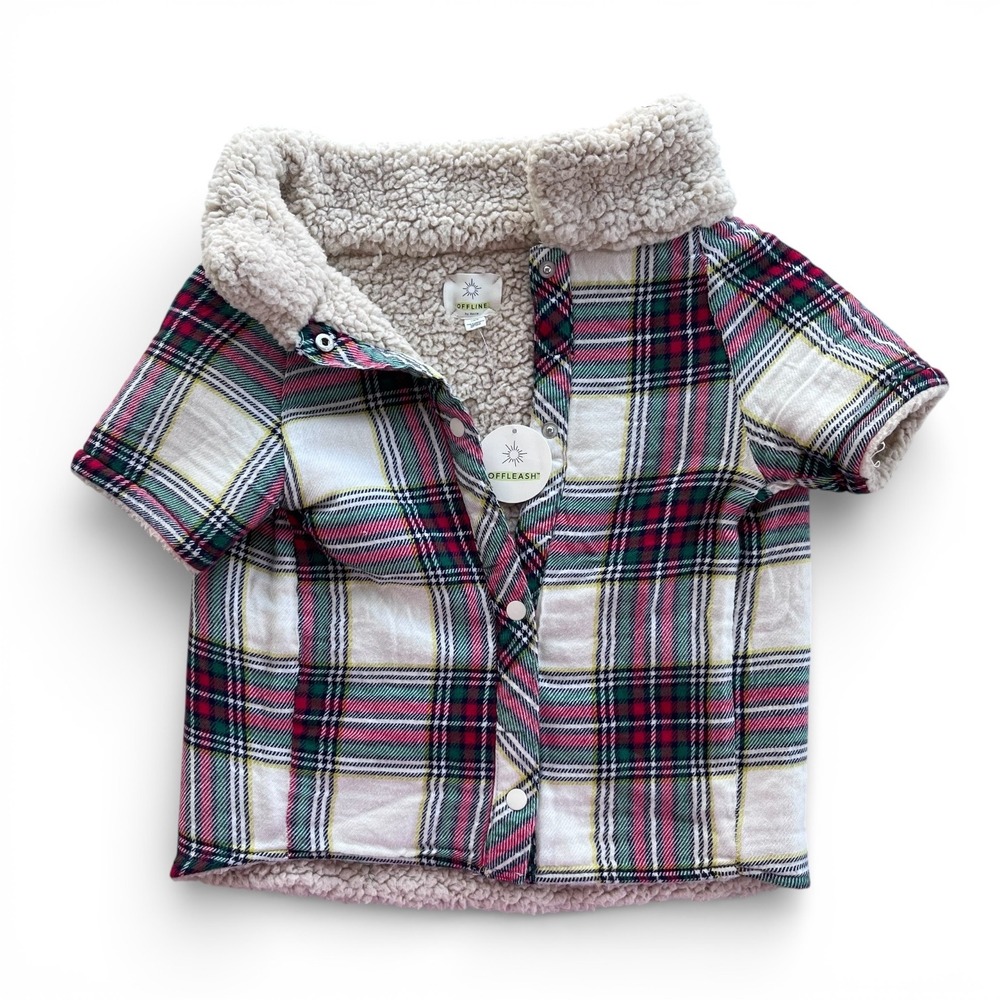 OFFLINE by Aerie Lg. Puppy Flannel Shirt Red Green Plaid Sherpa Lined Dog Jacket